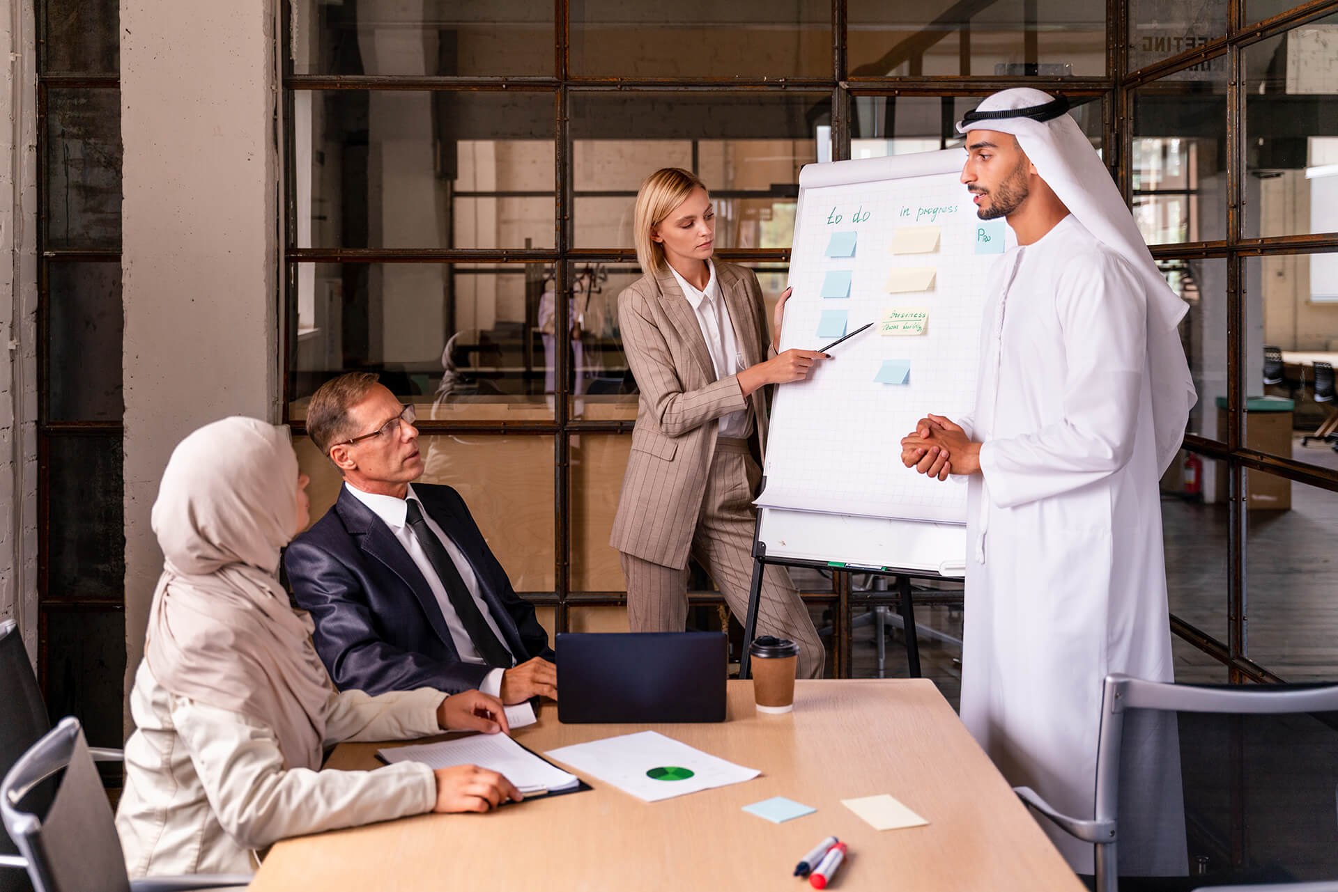 Multiethnic corporate business team meeting in an office, discussing a strategic marketing plan. Entrepreneurs, office workers, and employees collaborating in a multinational company setting, representing Setupday's expertise in business setup services in Dubai, UAE.